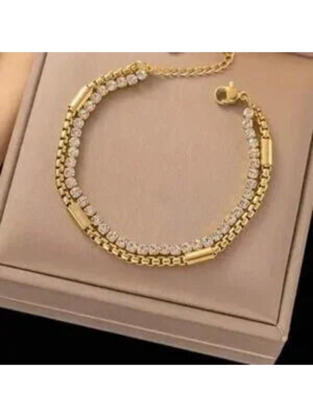 Gold Stainless Steel Double Chain Tennis Bracelet Crystal Link Bracelet Gift